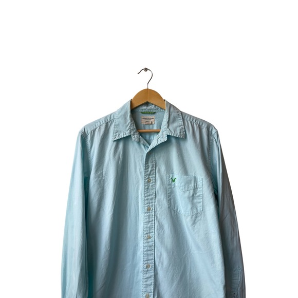 American Eagle Outfitters Mens Button Down Shirt Size M Light Blue Logo Preppy - Picture 2 of 8